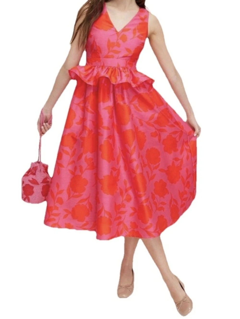 Kate Spade /Target Collab NWT  Classic Rose Peplum Midi Dress Pink/Red Size 14